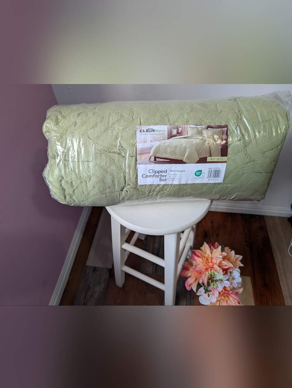 CLEVA Home Clipped Jacquard 3-Piece Comforter Set – Sage Green (Full) – Open Box